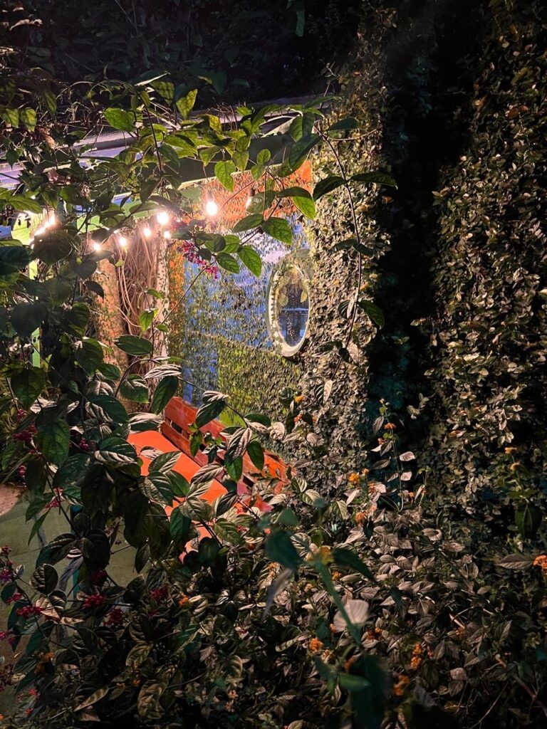 Rincón iluminado entre jardines